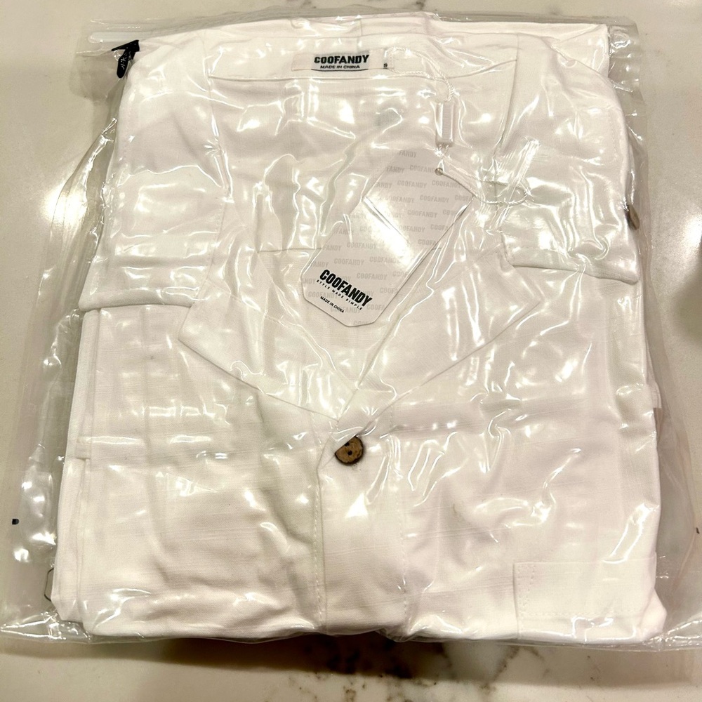 Men's Coofandy 2 piece linen White Short Sleeve Shirt and Pants Set - Picture 2 of 3